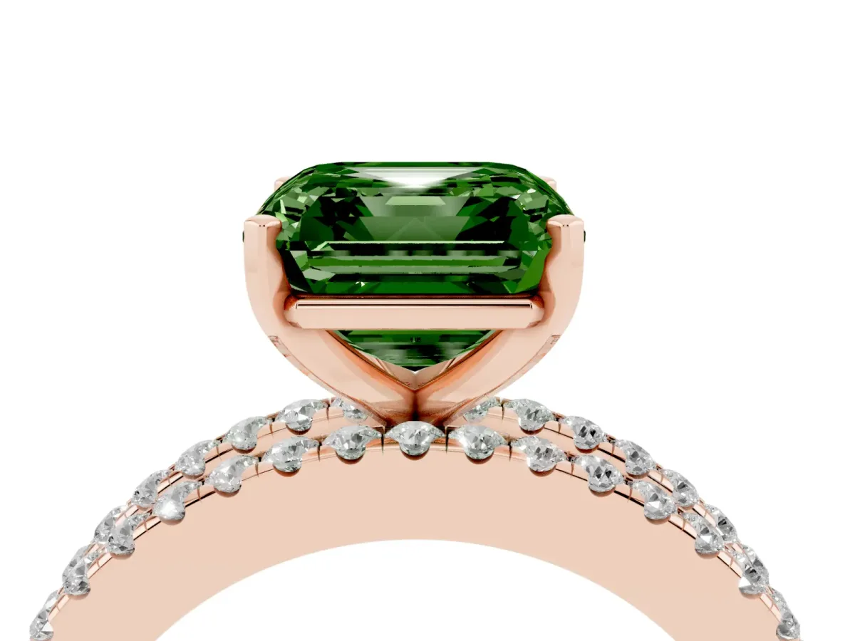 Fancy Green Asscher Cut Diamond Solitaire Ring with Pavé and Channel Set Band Rose gold