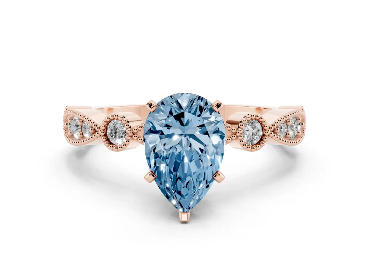 Fancy Blue Pear Cut Milgrain Bezel Diamond Engagement Ring with Solitaire Prong Setting Rose gold