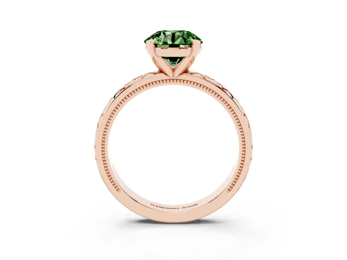 Fancy Green Round Cut Solitaire Engagement Ring with Scrollwork Band and Four-Prong Setting Rose gold