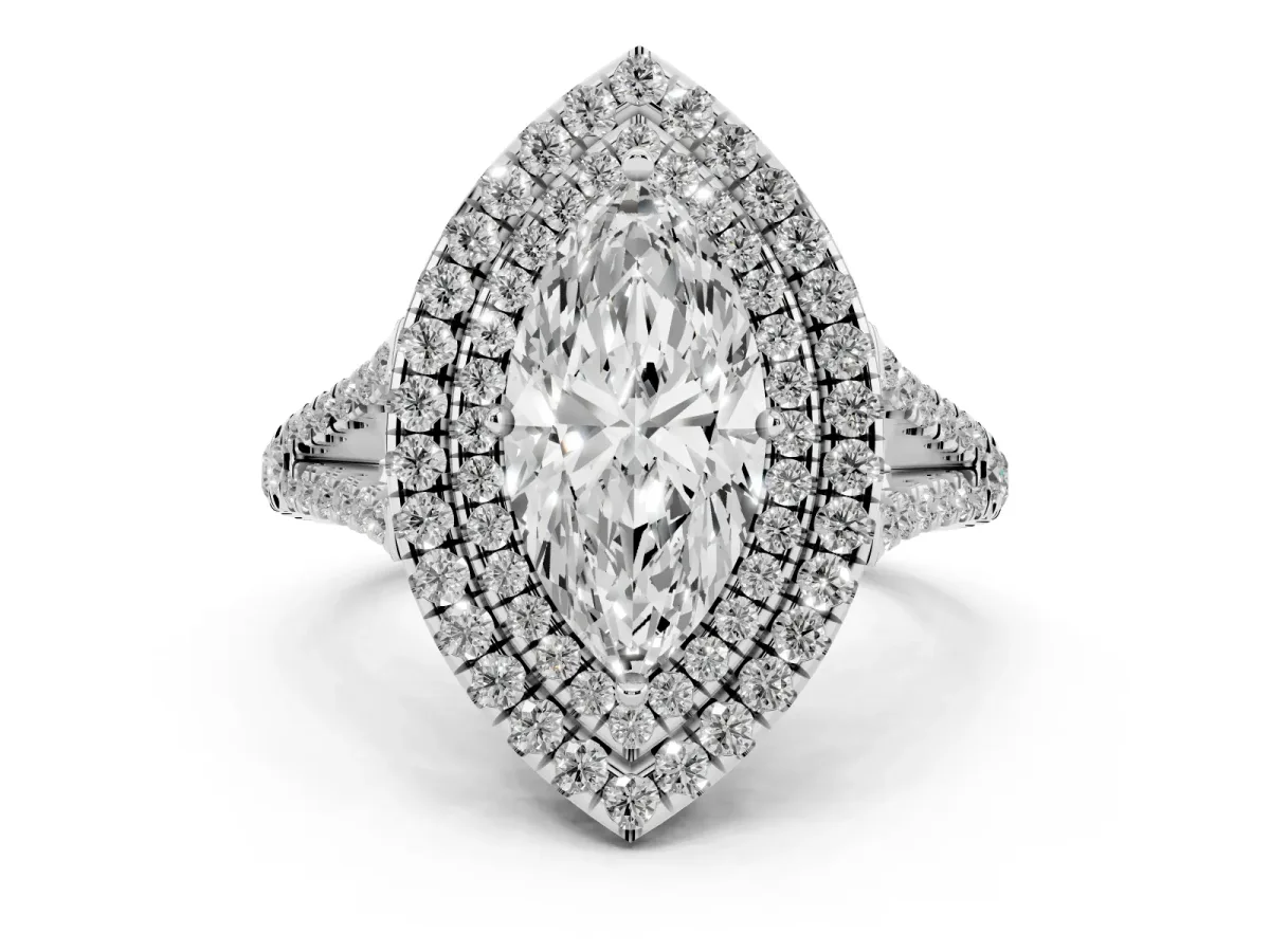Marquise Cut Diamond Double Halo Ring with Pavé Band and Prong Setting Silver