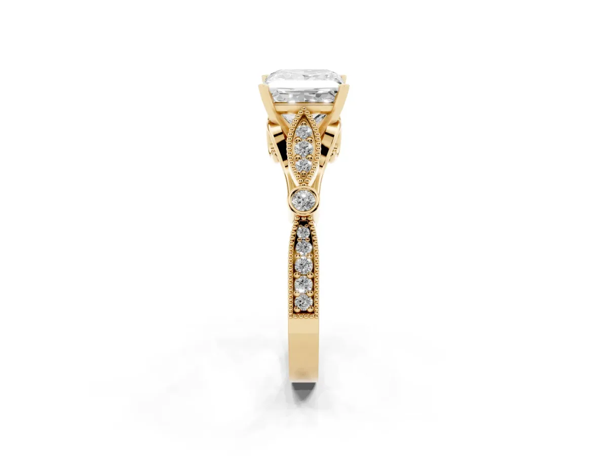 Princess Cut Cut Diamond with Milgrain Marquise and Bezel Accents on a Solitaire Band with Prong Setting Yellow gold