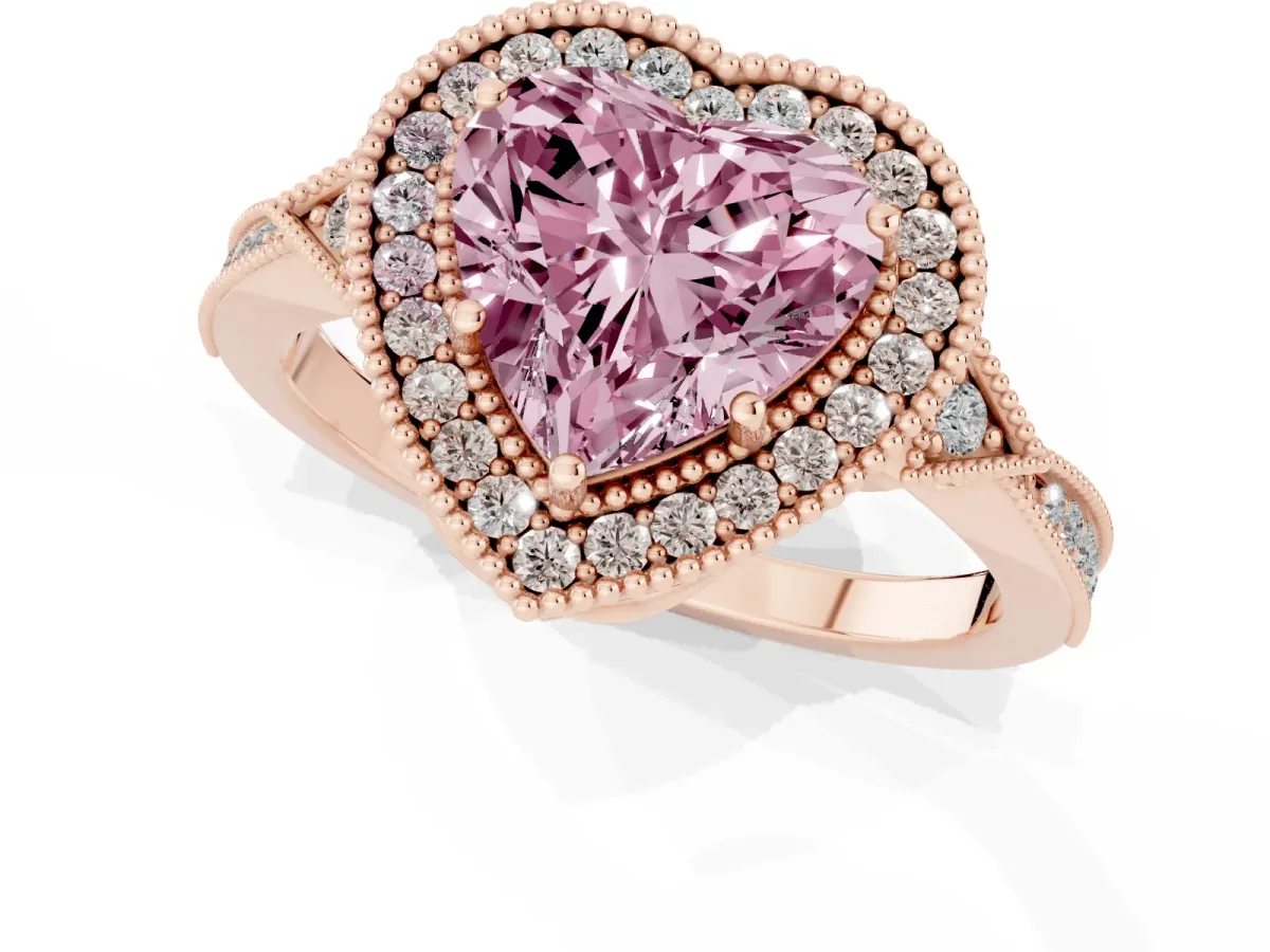 Fancy Pink Heart Cut Halo Round Diamond Milgrain Pave Engagement Ring Rose gold