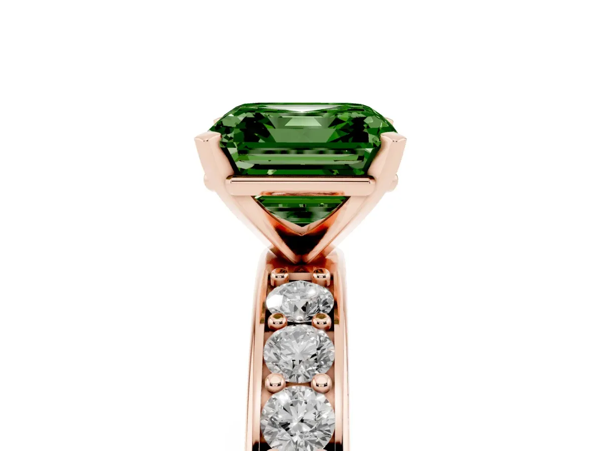 Fancy Green Asscher Cut Diamond Engagement Ring with Channel Set Round Band and Prong Setting Rose gold