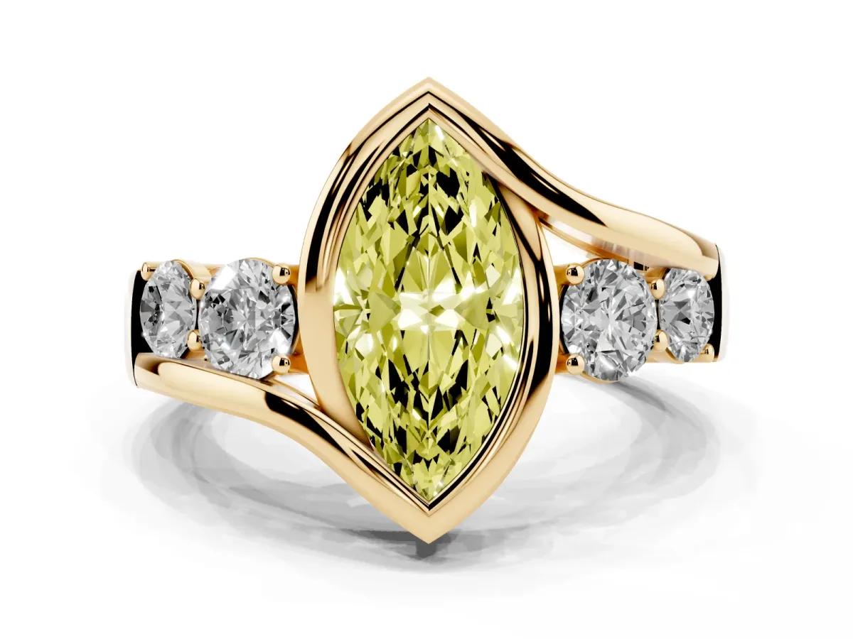 Fancy Yellow Bezel Set Marquise Cut Diamond Bypass Ring with Round Accents Yellow gold