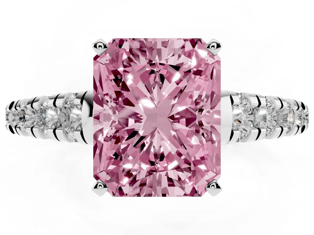 Fancy Pink Radiant Cut Diamond Cathedral Solitaire Ring with Round Pavé Band Platinum