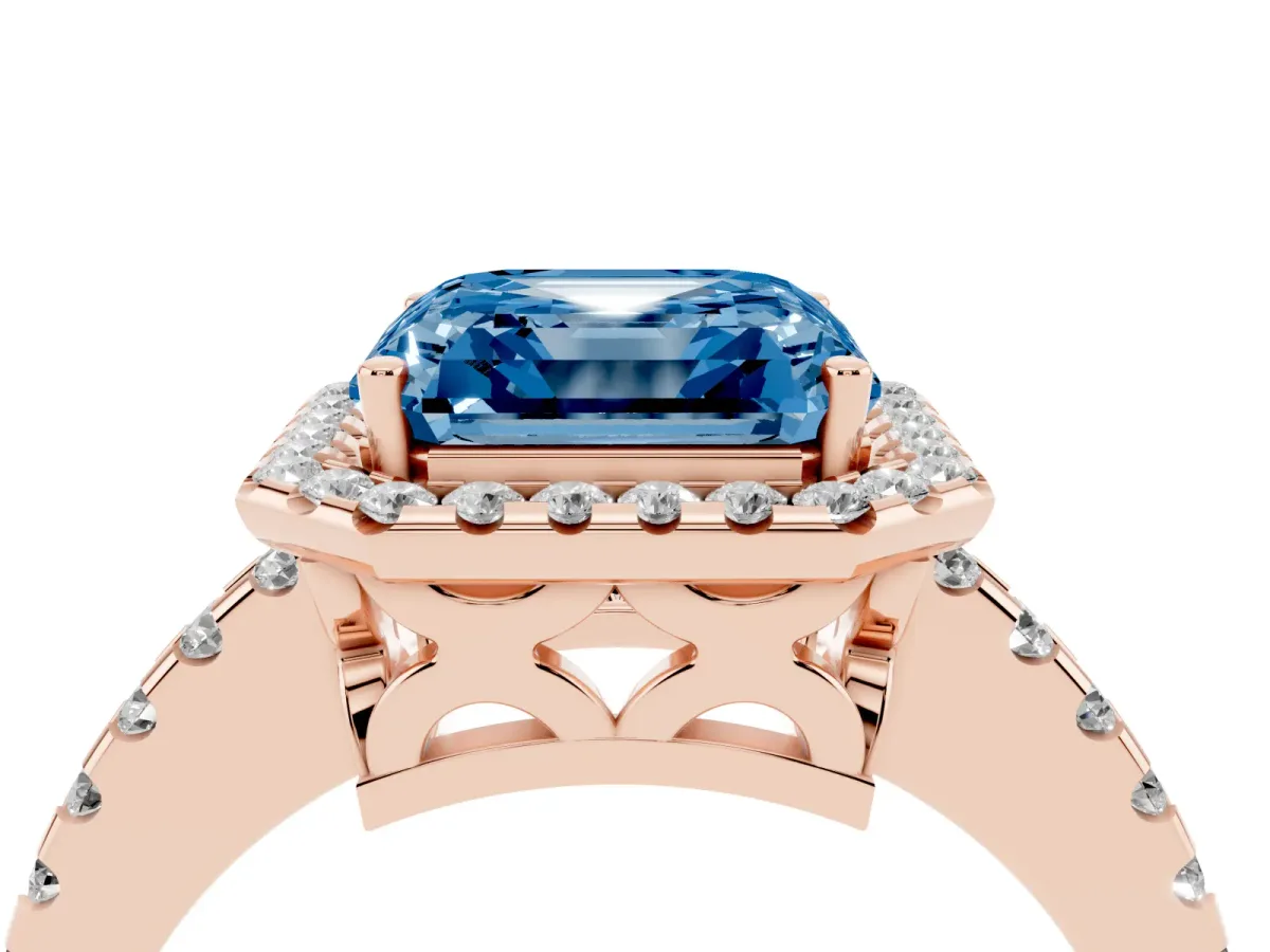 Fancy Blue Asscher Cut Diamond Halo Engagement Ring with Pavé Band and Prong Setting Rose gold