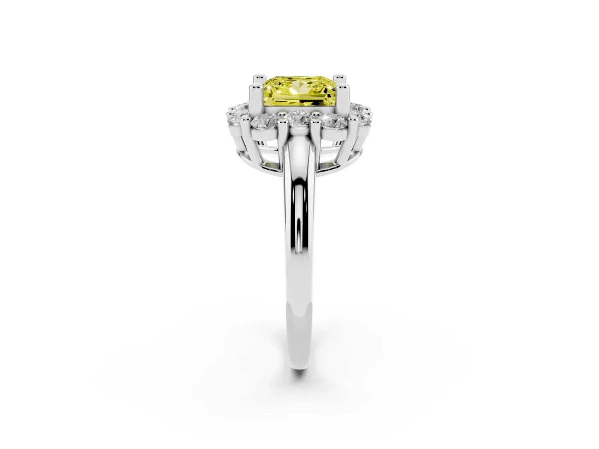 Fancy Yellow Princess Cut Halo Cluster Diamond Engagement Ring with Prong Setting and Polished Band Platinum