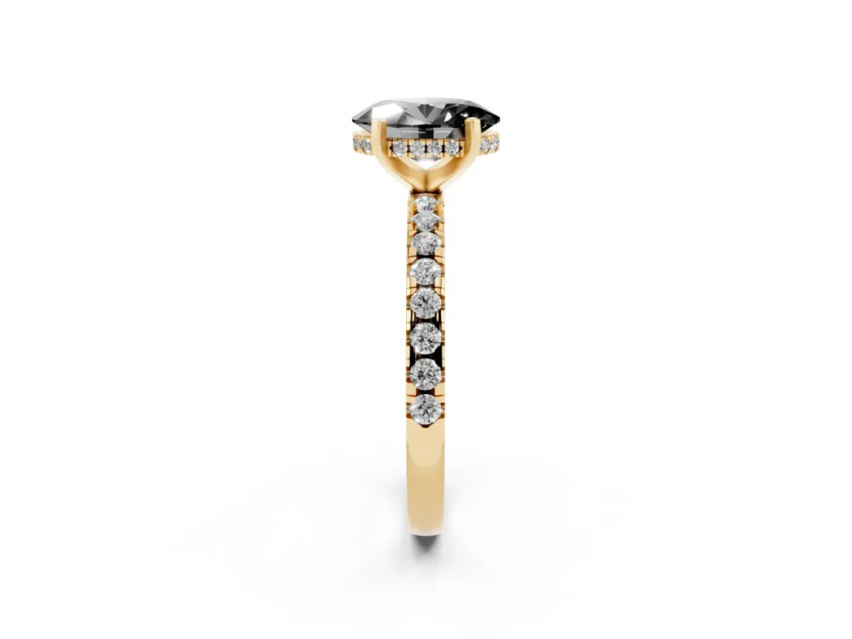 Fancy Black Oval Cut Diamond Solitaire Ring with Round Pavé Band and Four-Prong Setting Yellow gold
