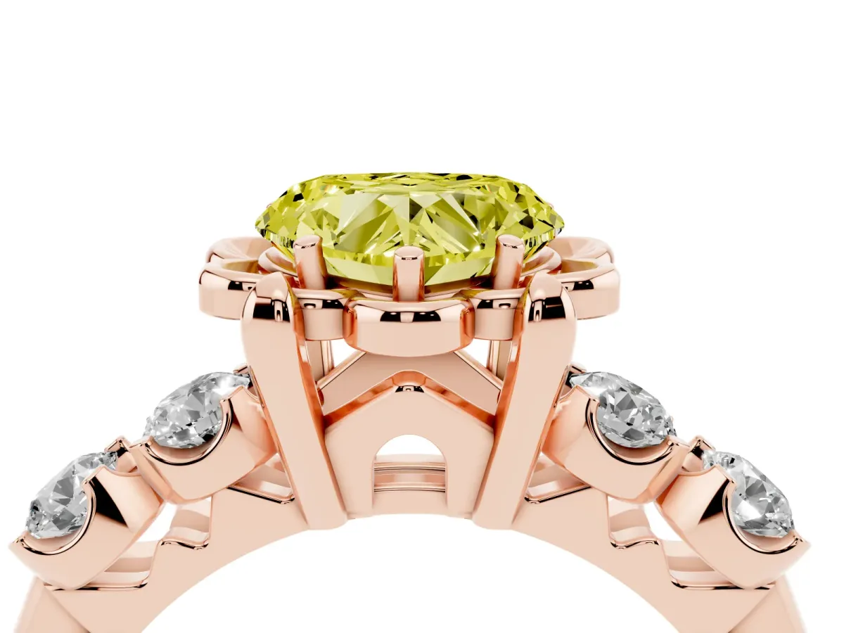 Fancy Yellow Heart Cut Cut Diamond Floral Halo Engagement Ring with Shared Prong Setting Rose gold