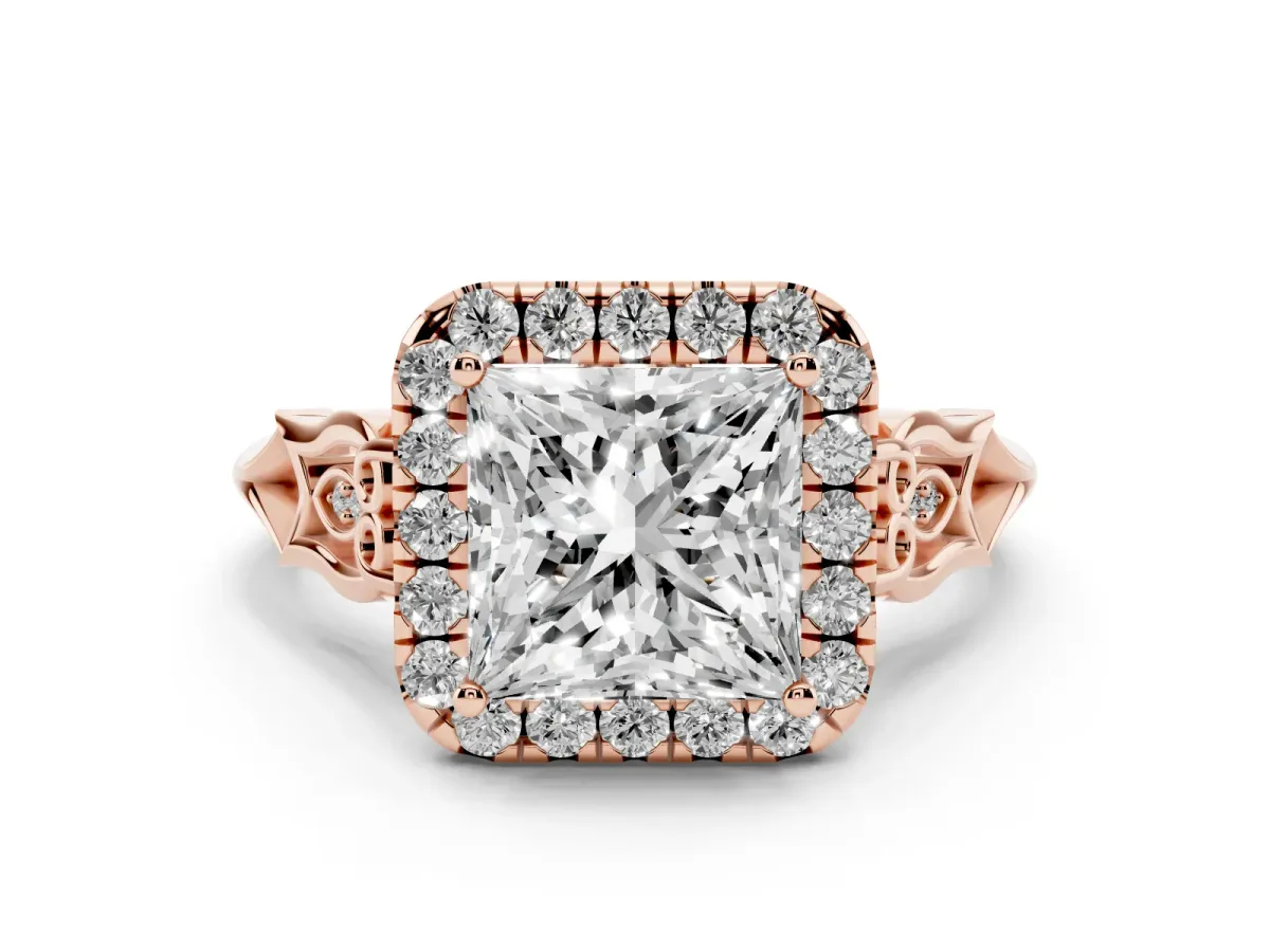 Princess Cut Halo Diamond Engagement Ring with Filigree Band and Four-Prong Setting Rose gold