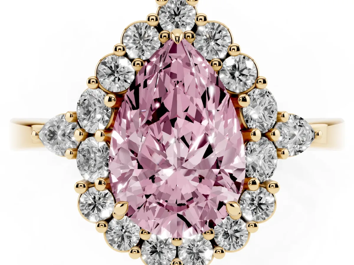 Fancy Pink Pear Cut Diamond Halo Ring with Pear Side Stones and Prong Setting Yellow gold