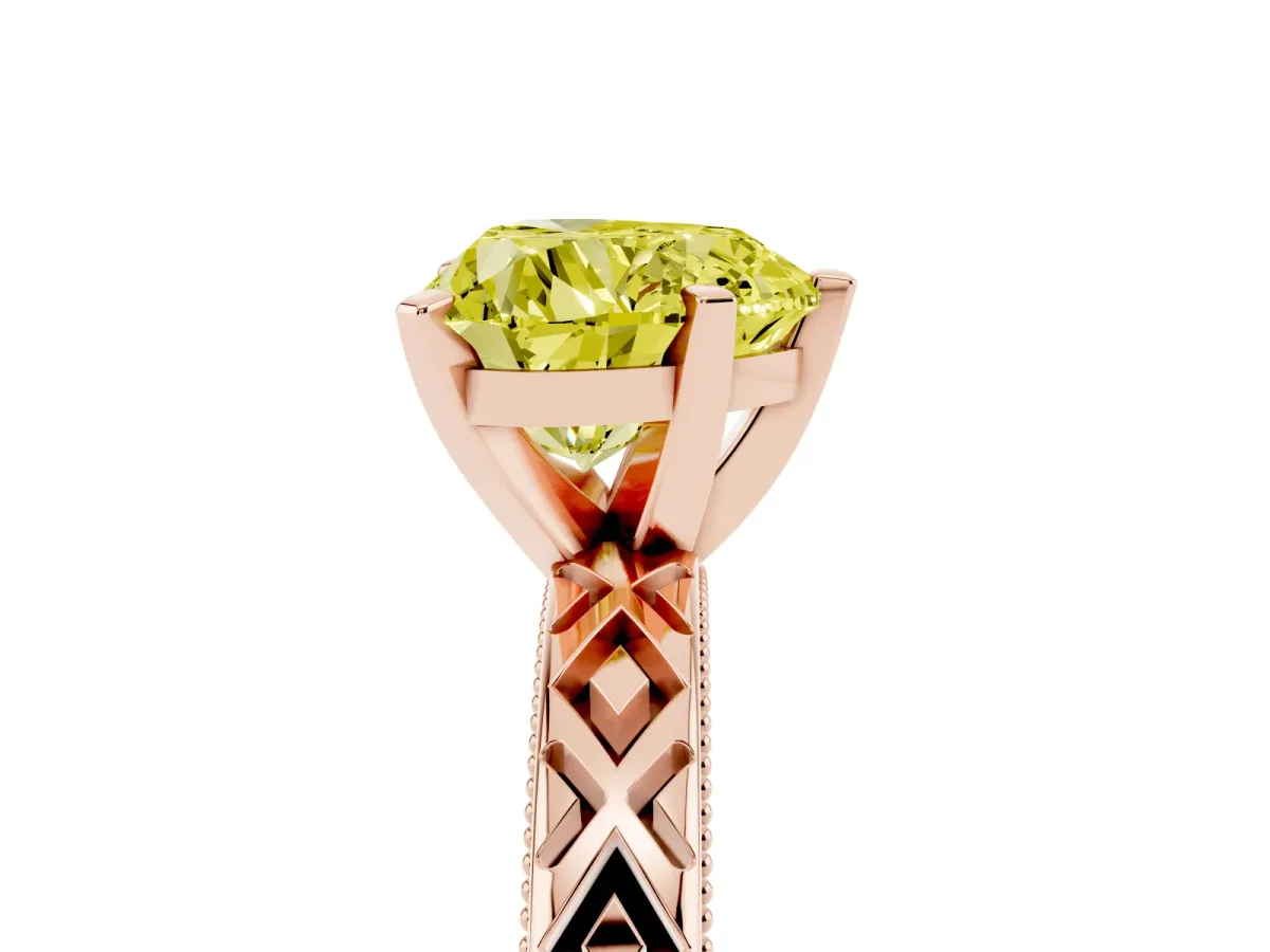 Fancy Yellow Heart Cut Solitaire Diamond Ring with Milgrain and Black Enamel X Pattern Band Rose gold