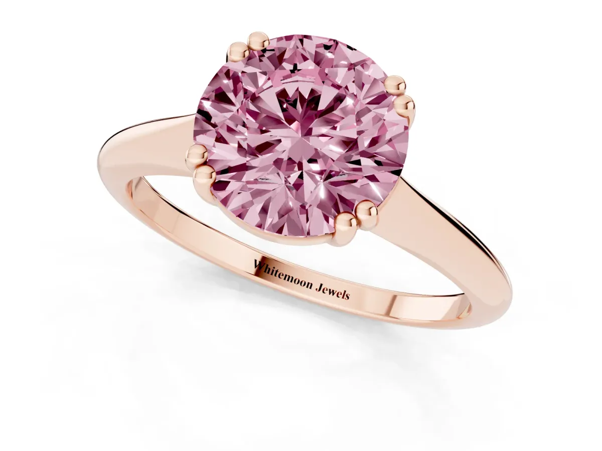 Fancy Pink Round Cut Solitaire Diamond Ring with Six-Prong Setting and Classic Band Rose gold