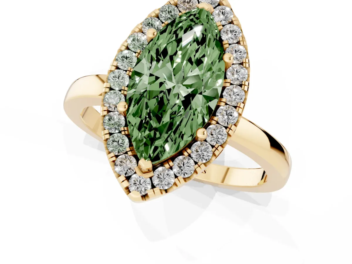 Fancy Green Marquise Cut Halo Diamond Solitaire with Pavé Band and Four-Prong Setting Yellow gold