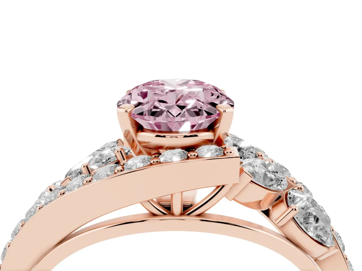Fancy Pink Oval Cut Diamond Halo Ring with Marquise and Pavé Band in Prong Setting Rose gold
