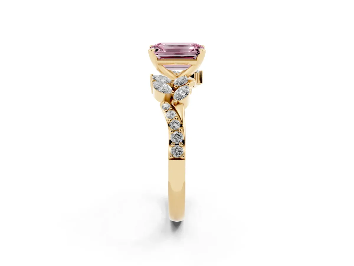 Fancy Pink Emerald Cut Solitaire Marquise Twist Band with Six-Prong Setting Yellow gold