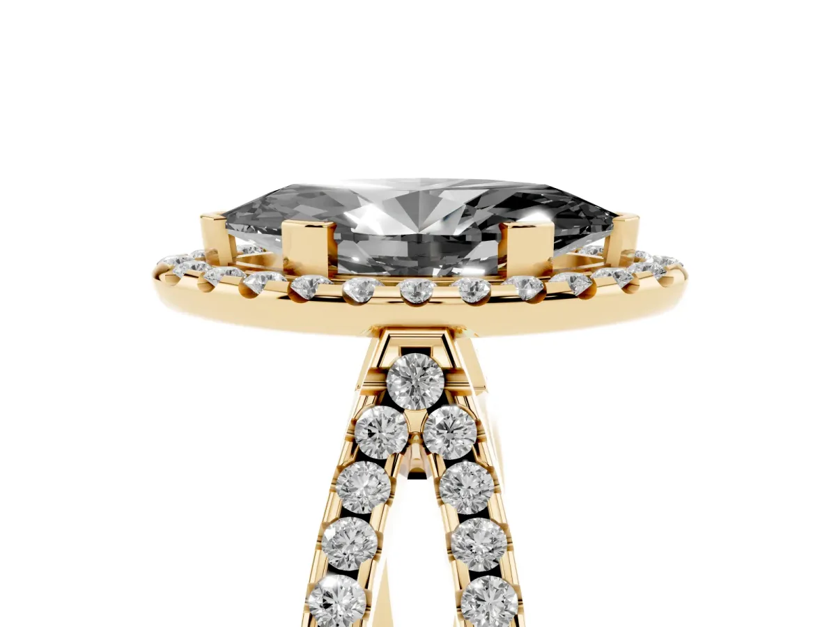 Fancy Black Marquise Cut Diamond Halo Ring with Split Shank Pavé Band and Prong Setting Yellow gold