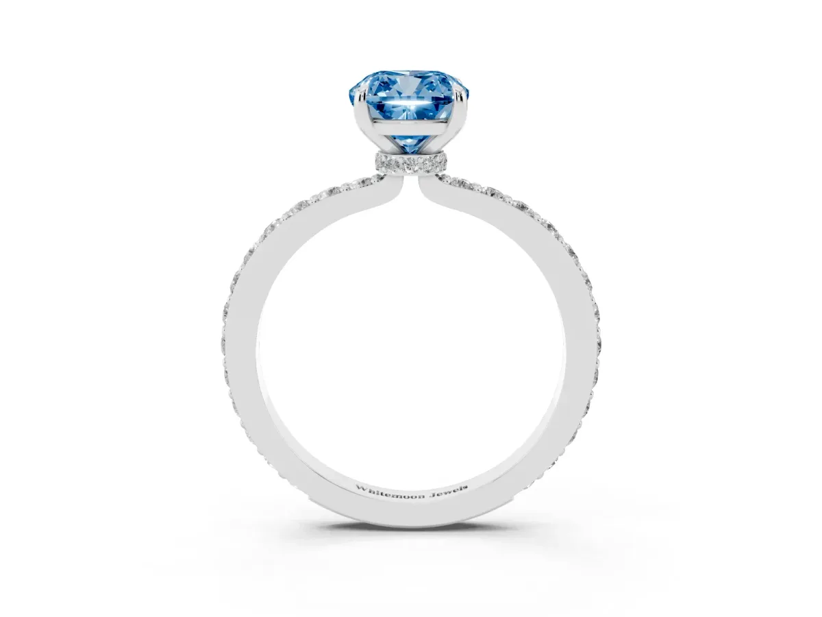 Fancy Blue Cushion Cut Diamond Pavé Engagement Ring with Round Accents and Prong Setting Silver