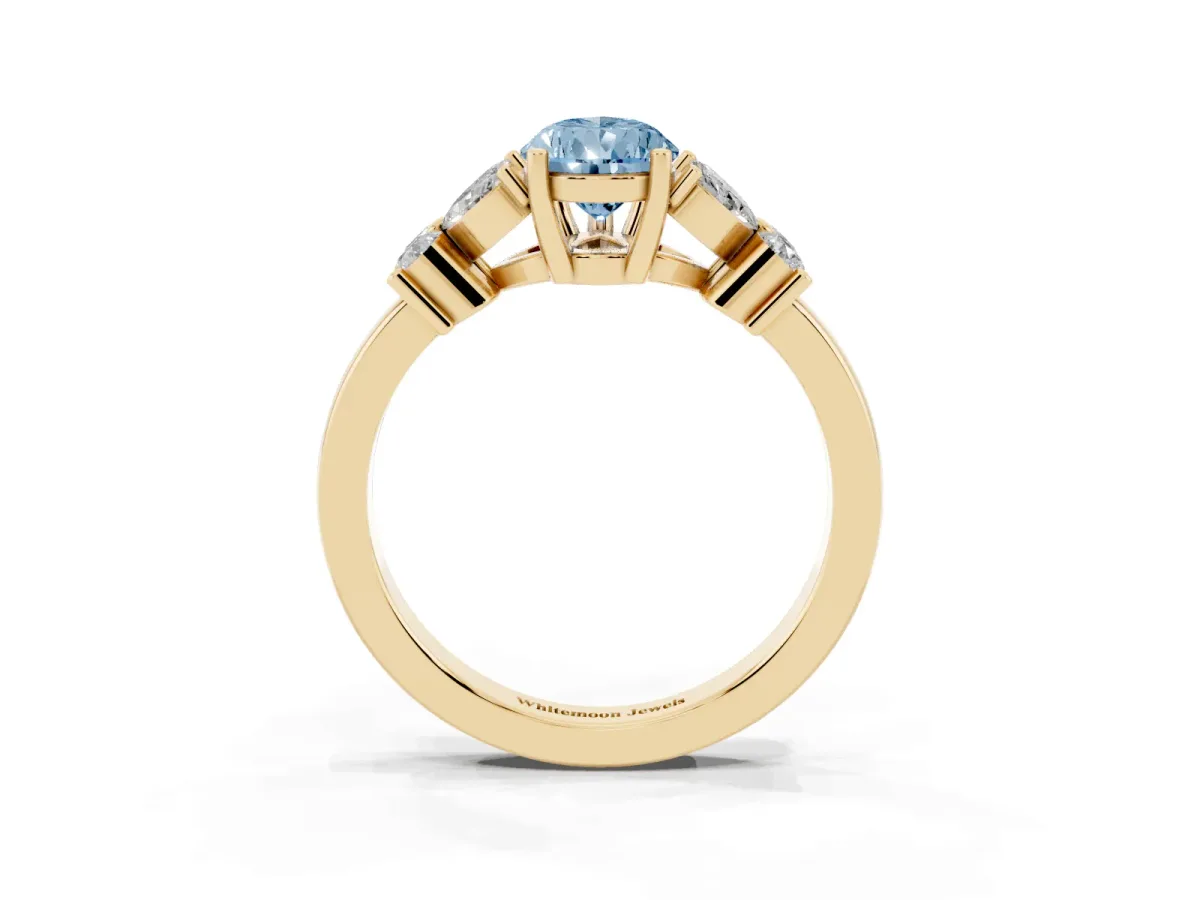 Fancy Blue Pear Cut Diamond Floral Cluster Ring with Solitaire Band and Prong Setting Yellow gold