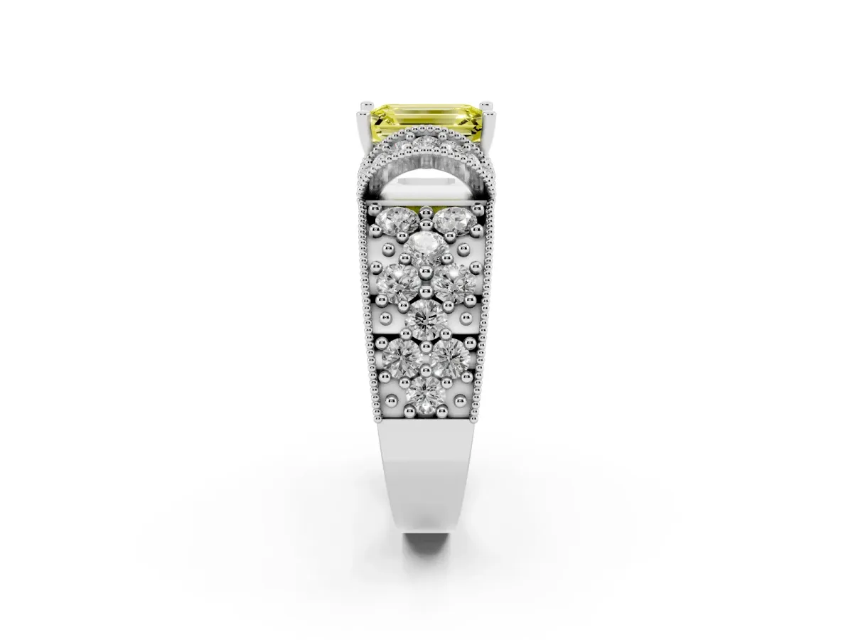 Fancy Yellow Emerald Cut Halo Pave Diamond Engagement Ring with Milgrain Detailing Silver