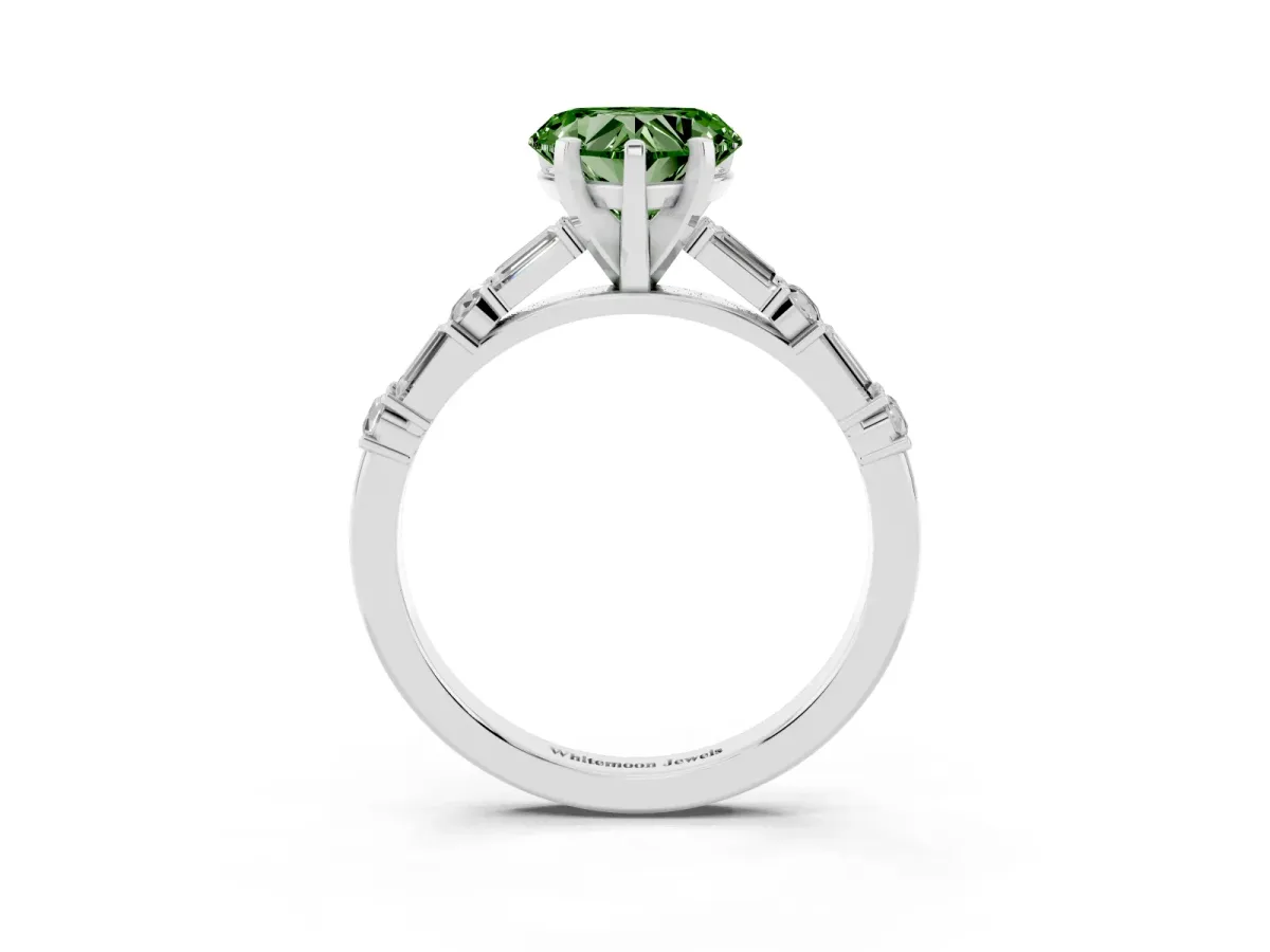 Fancy Green Heart Cut Diamond Solitaire with Side Baguettes and Channel Set Band White gold