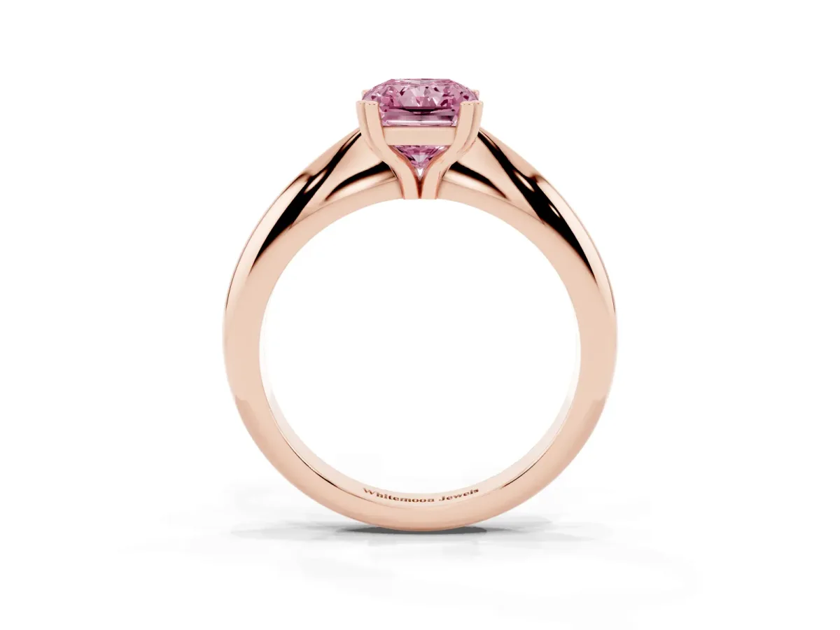 Fancy Pink Radiant Cut Cut Solitaire Engagement Ring with Tapered Band and Four-Prong Setting Rose gold