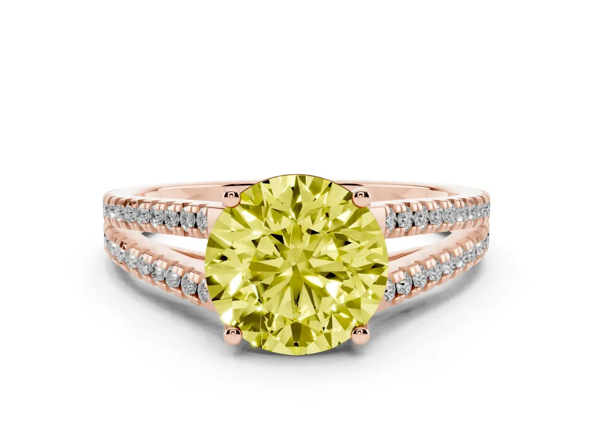 Fancy Yellow Round Cut Diamond Solitaire Engagement Ring with Split Shank Pavé Band Rose gold