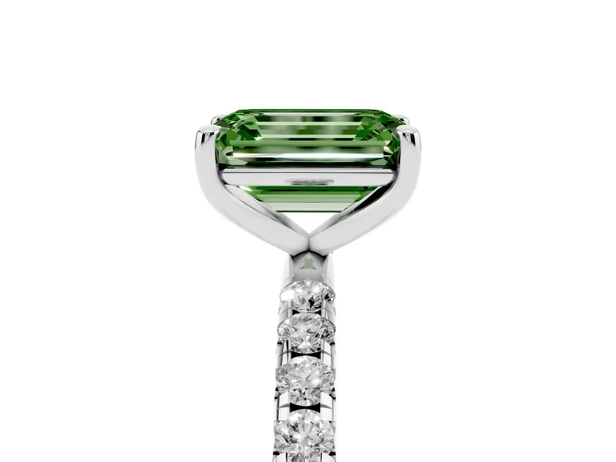 Fancy Green Emerald Cut Cut Diamond Solitaire Ring with Micro Pave Band and Four Prong Setting Silver