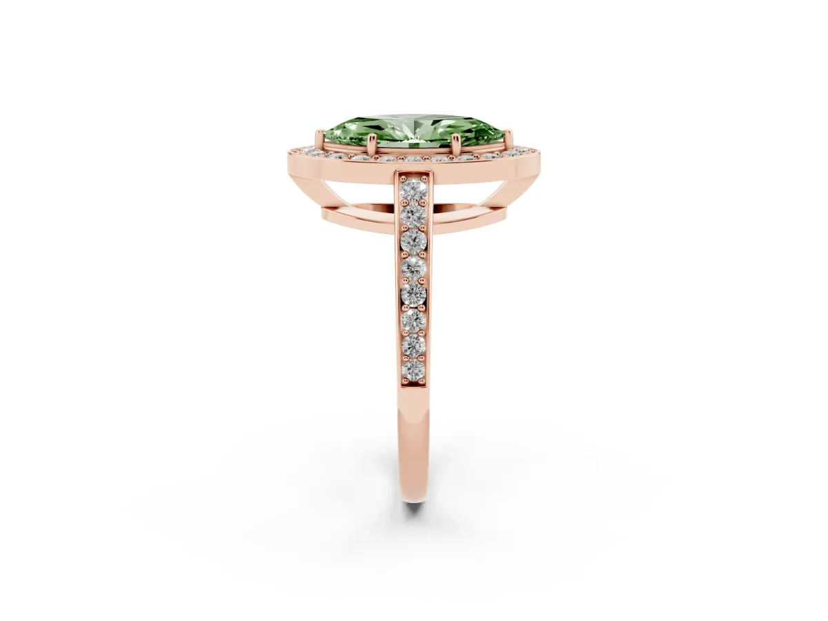 Fancy Green Marquise Cut Halo Pavé Diamond Engagement Ring with Bezel Setting Rose gold