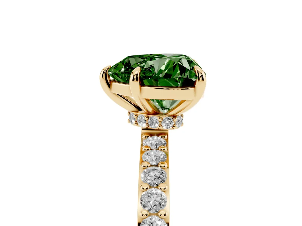 Fancy Green Heart Cut Diamond Pavé Engagement Ring with Round Accents and Prong Setting Yellow gold