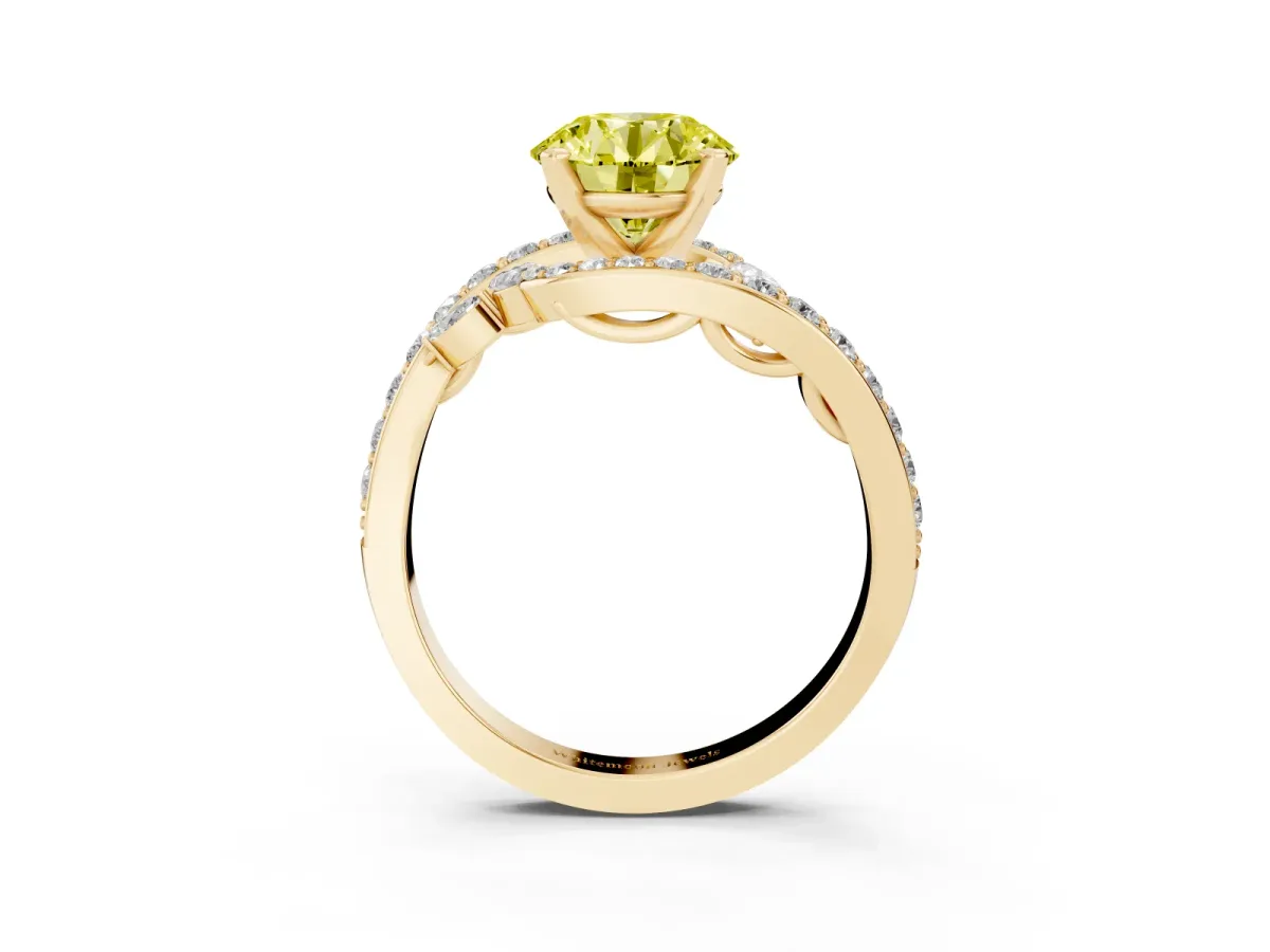 Fancy Yellow Round Cut Solitaire with Pavé Twist Band and Four-Prong Setting Yellow gold