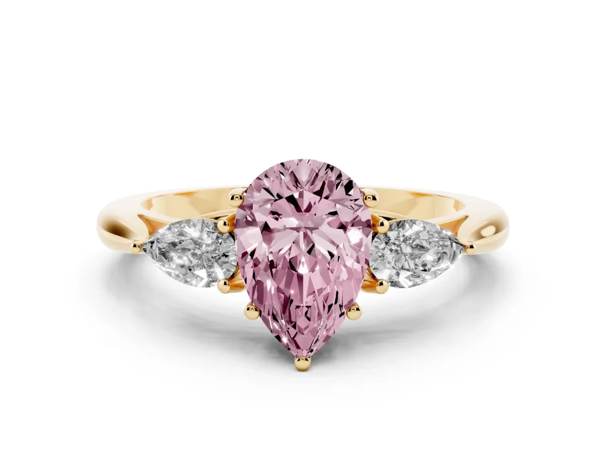 Fancy Pink Pear Cut Diamond Three-Stone Ring with Pear Side Stones and Prong Setting Yellow gold