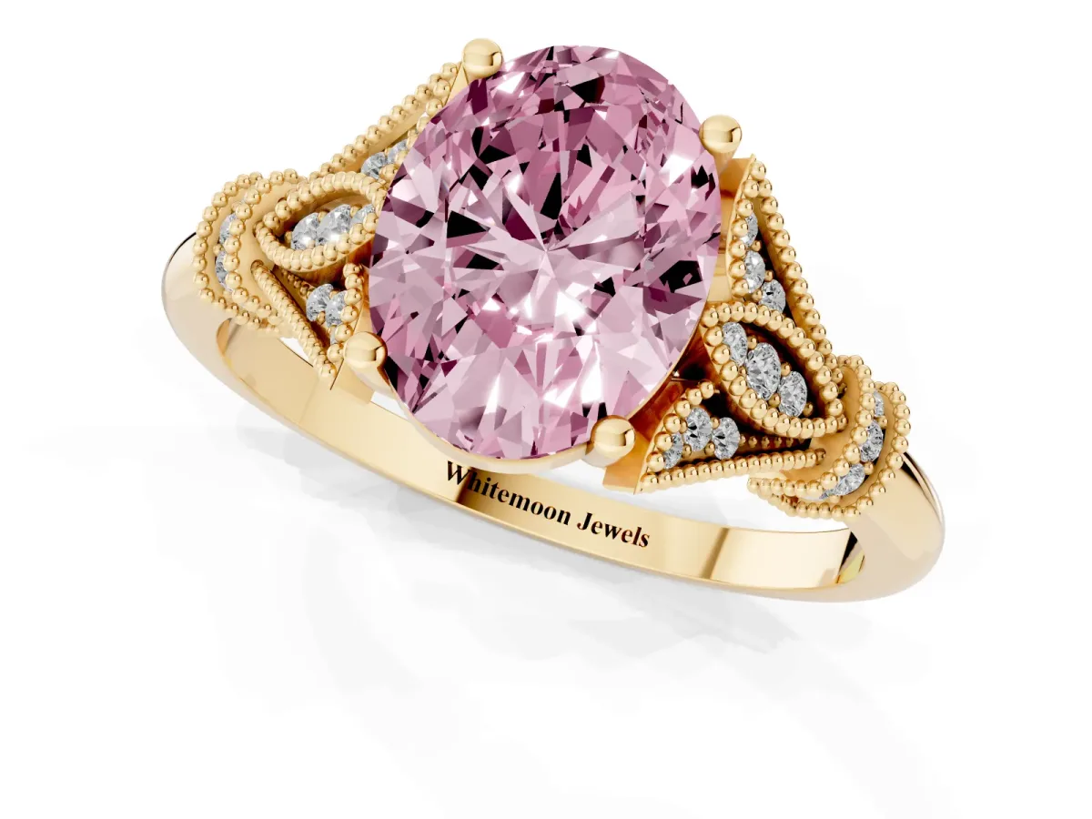 Fancy Pink Oval Cut Diamond Solitaire Ring with Floral Filigree and Pave Accents Yellow gold