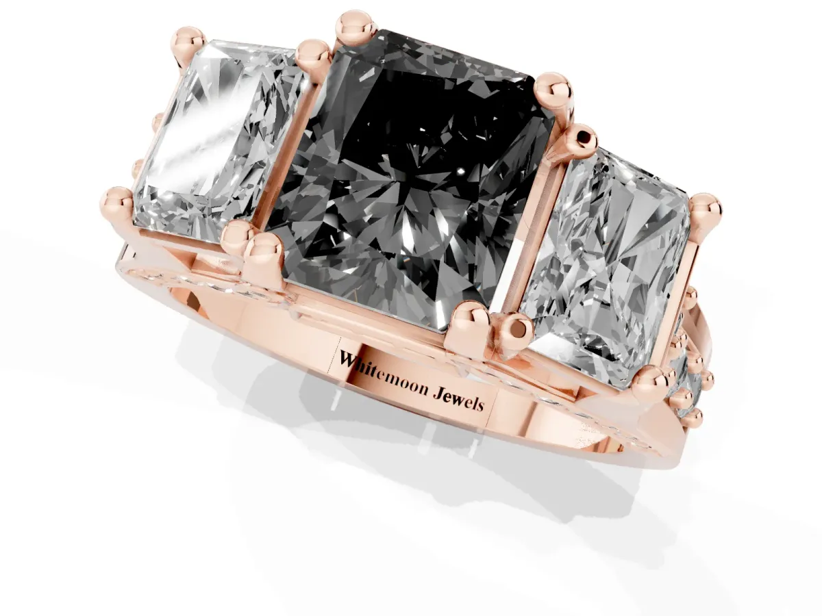 Fancy Black Radiant Cut Diamond Three-Stone Ring with Channel Set Band and Four-Prong Setting Rose gold