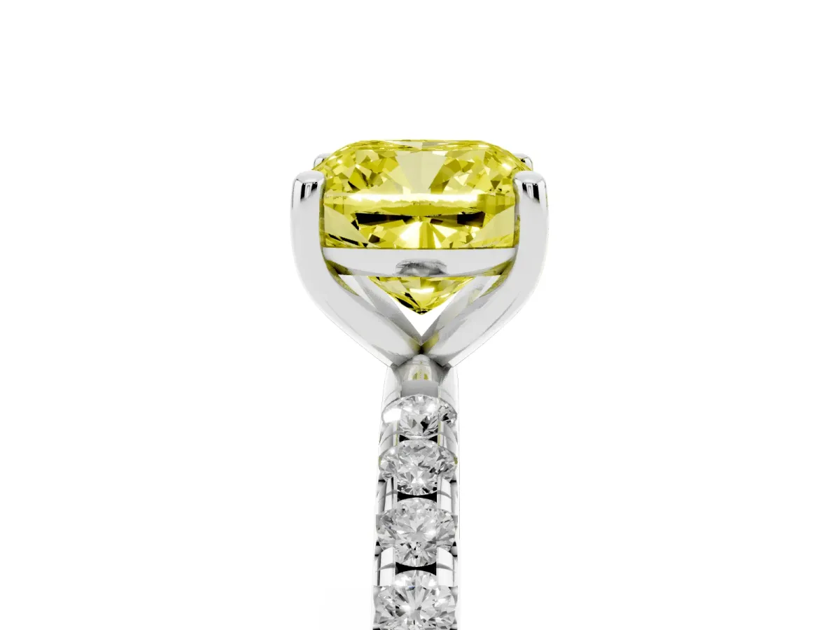 Fancy Yellow Cushion Cut Cut Diamond Solitaire Ring with Micro Pave Band and Four Prong Setting Silver