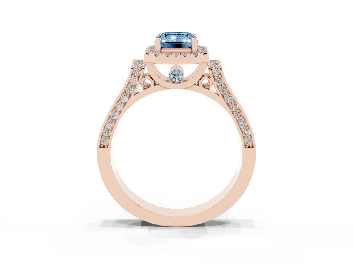 Fancy Blue Emerald Cut Halo Pave Split Shank Prong Setting Ring Rose gold