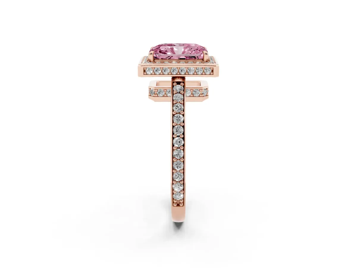 Fancy Pink Radiant Cut Halo Pave Band Solitaire Ring with Prong Setting Rose gold