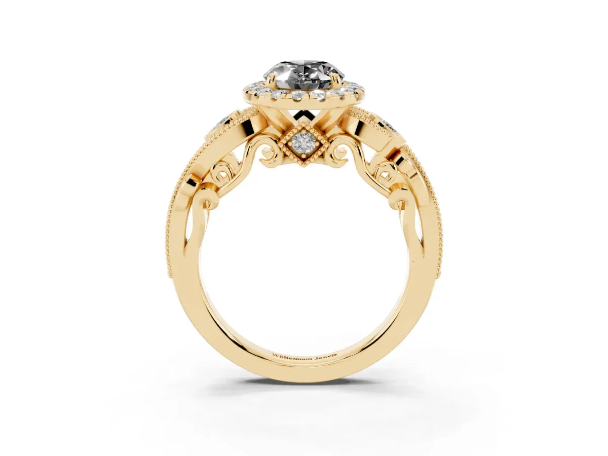 Fancy Black Oval Cut Halo Diamond Ring with Milgrain and Bezel Accents on a Split Shank Band Yellow gold