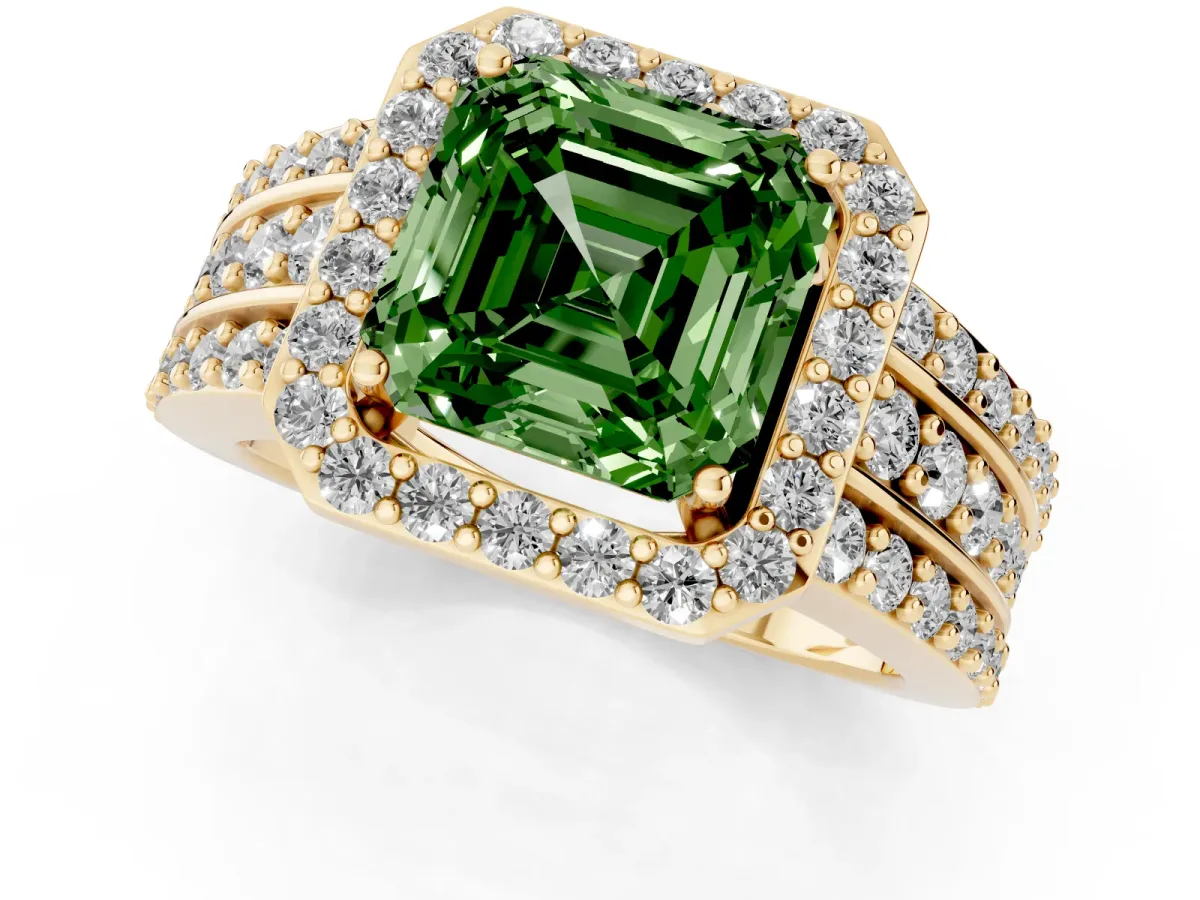 Fancy Green Asscher Cut Halo Diamond Ring with Round Split Shank and Prong Setting Yellow gold