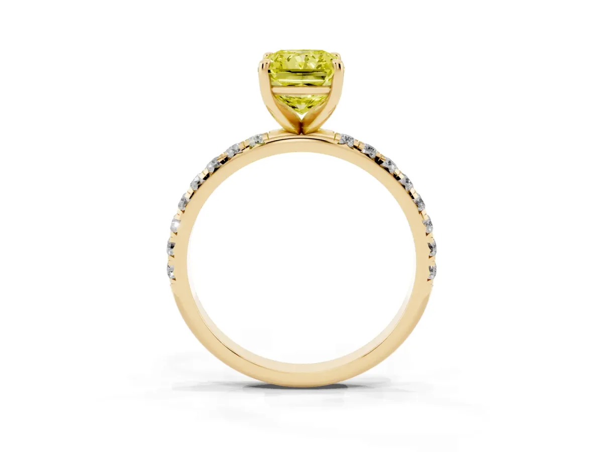 Fancy Yellow Radiant Cut Cut Diamond Solitaire Ring with Micro Pave Band and Four Prong Setting Yellow gold