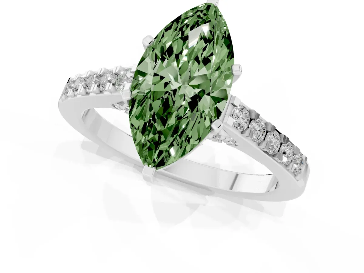 Fancy Green Marquise Cut Diamond Solitaire Ring with Crossover Gallery and Round Pavé Band White gold