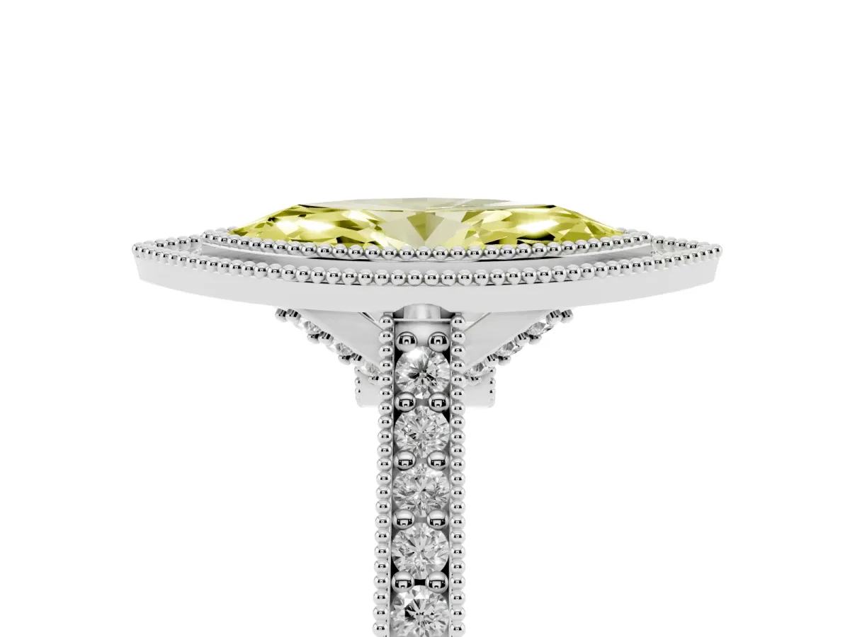 Fancy Yellow Halo Marquise Cut-Cut Diamond Pave Band Milgrain Prong Setting Ring White gold