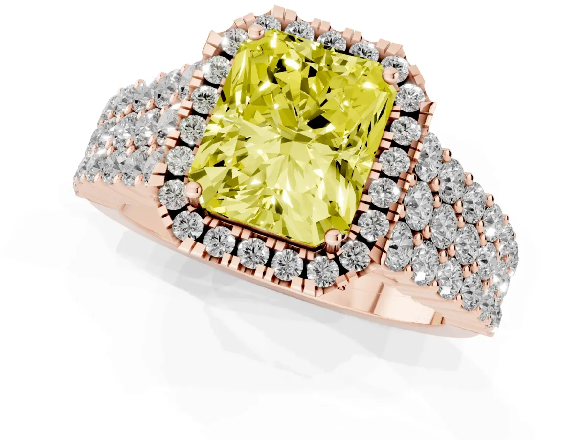 Fancy Yellow Radiant Cut Diamond Halo Engagement Ring with Triple Row Round Pavé Band and Prong Setting Rose gold