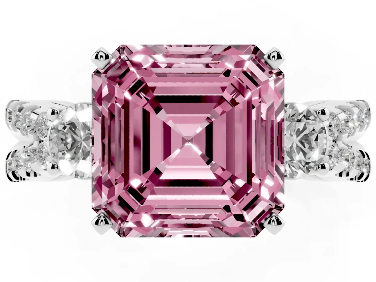 Fancy Pink Asscher Cut Diamond Three-Stone Ring with Pavé Split Shank and Four-Prong Setting Platinum