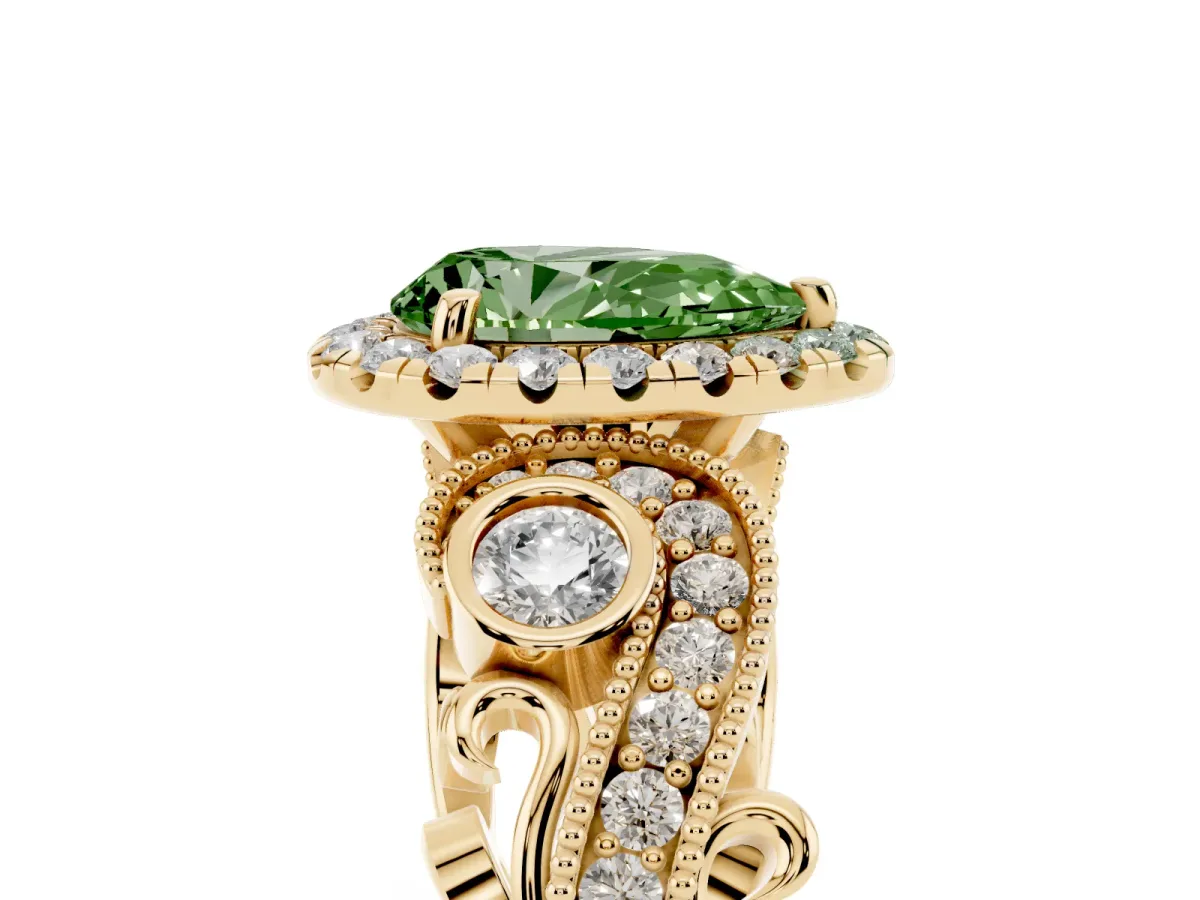Fancy Green Pear Cut Diamond Halo Ring with Milgrain Pavé Band and Four-Prong Setting Yellow gold