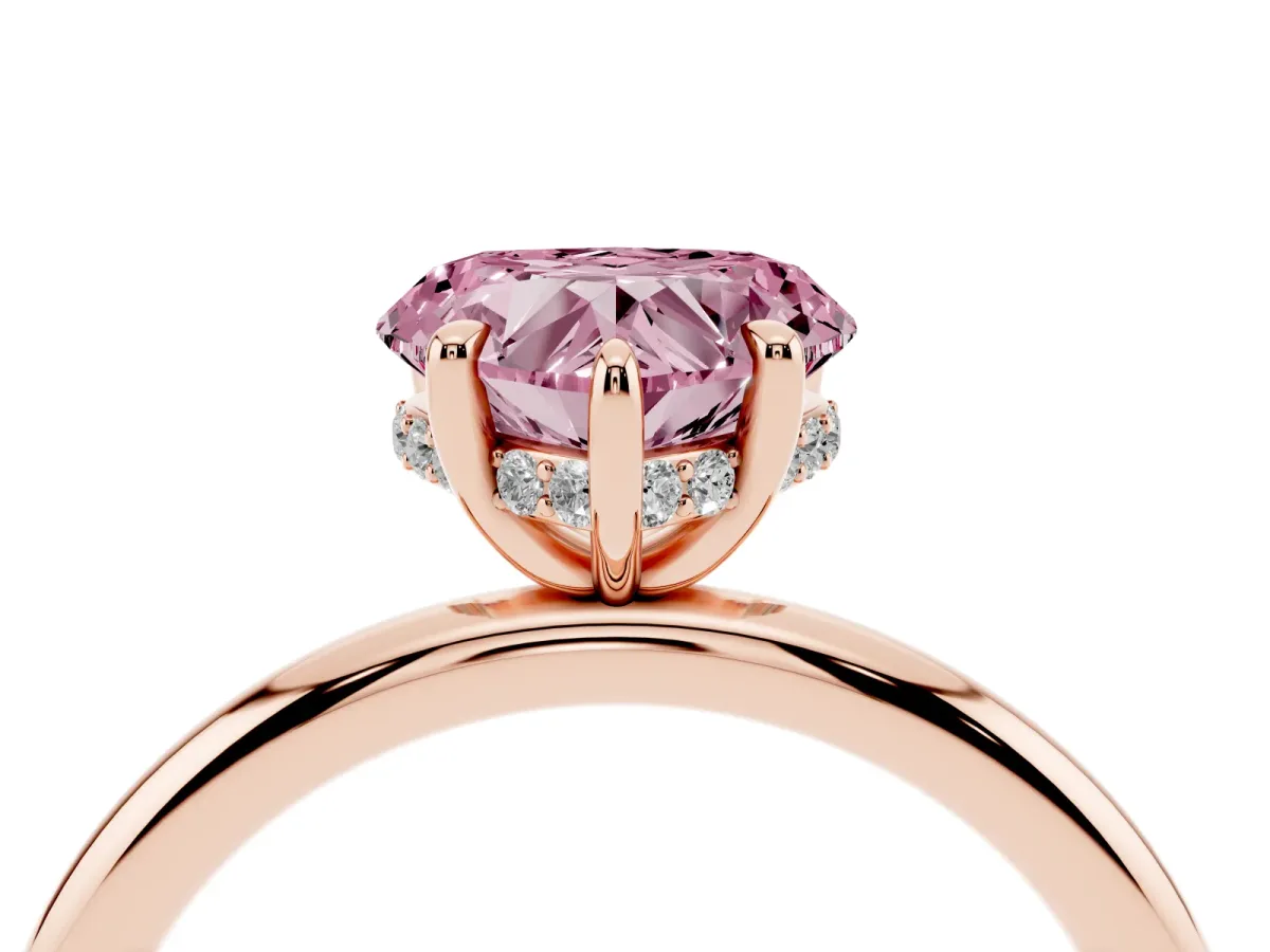 Fancy Pink Heart Cut Diamond Solitaire Ring with Thin Band and Four-Prong Setting Rose gold