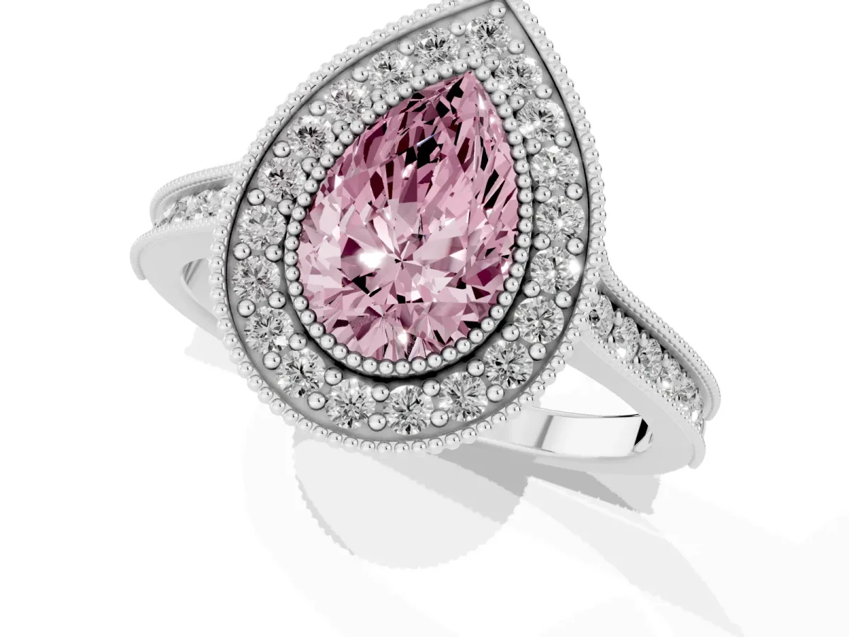 Fancy Pink Halo Pear Cut-Cut Diamond Pave Band Milgrain Prong Setting Ring Silver