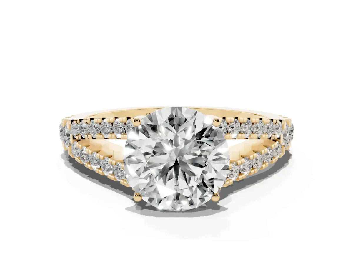 Round Cut Diamond Split Shank Engagement Ring with Round Pavé and Prong Setting Yellow gold