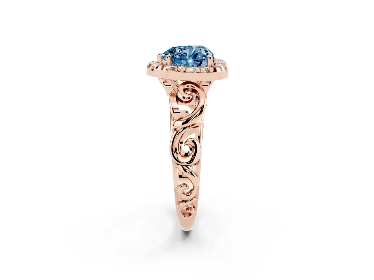 Fancy Blue Heart Cut Cut Halo Diamond Ring with Scrollwork Band and Four-Prong Setting Rose gold