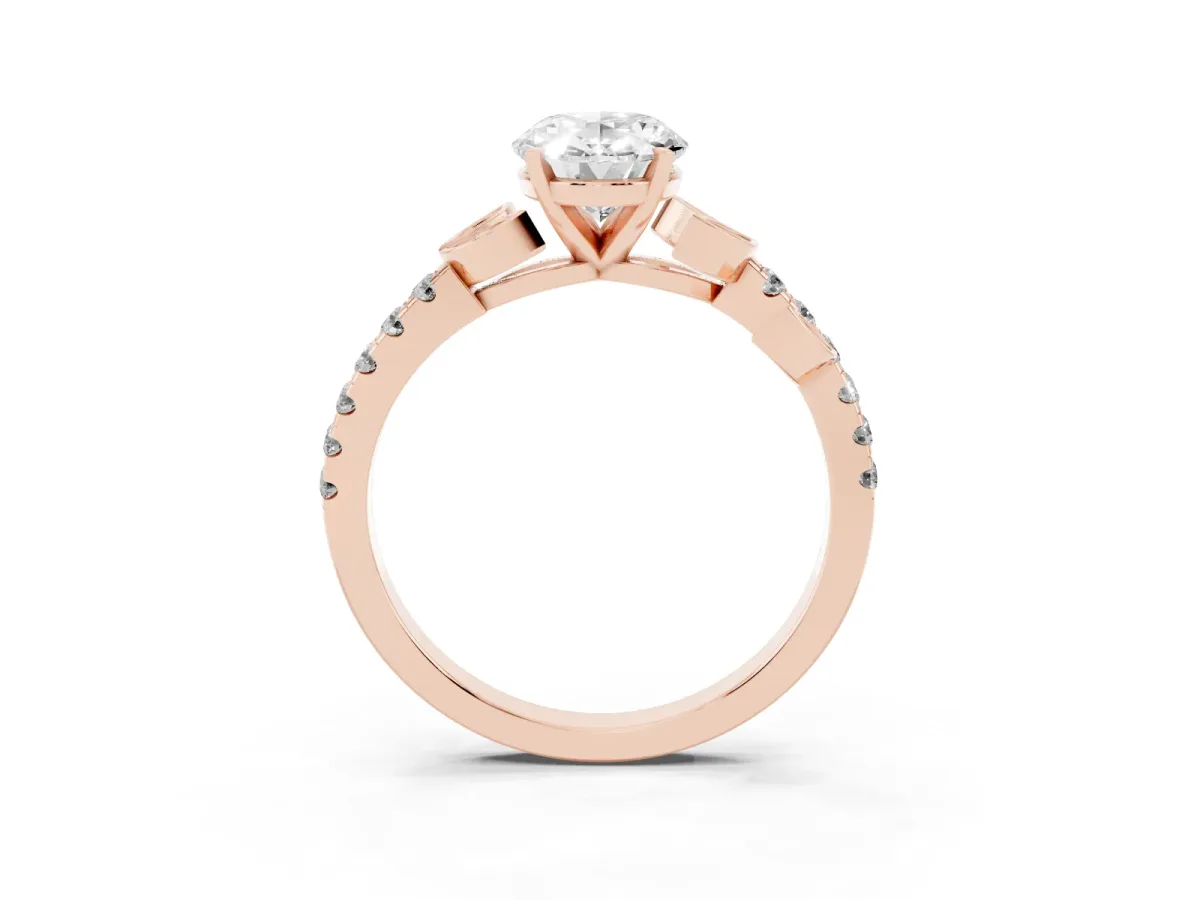 Oval Cut Solitaire Leaf-Inspired Diamond Ring with Pavé Band and Four-Prong Setting Rose gold